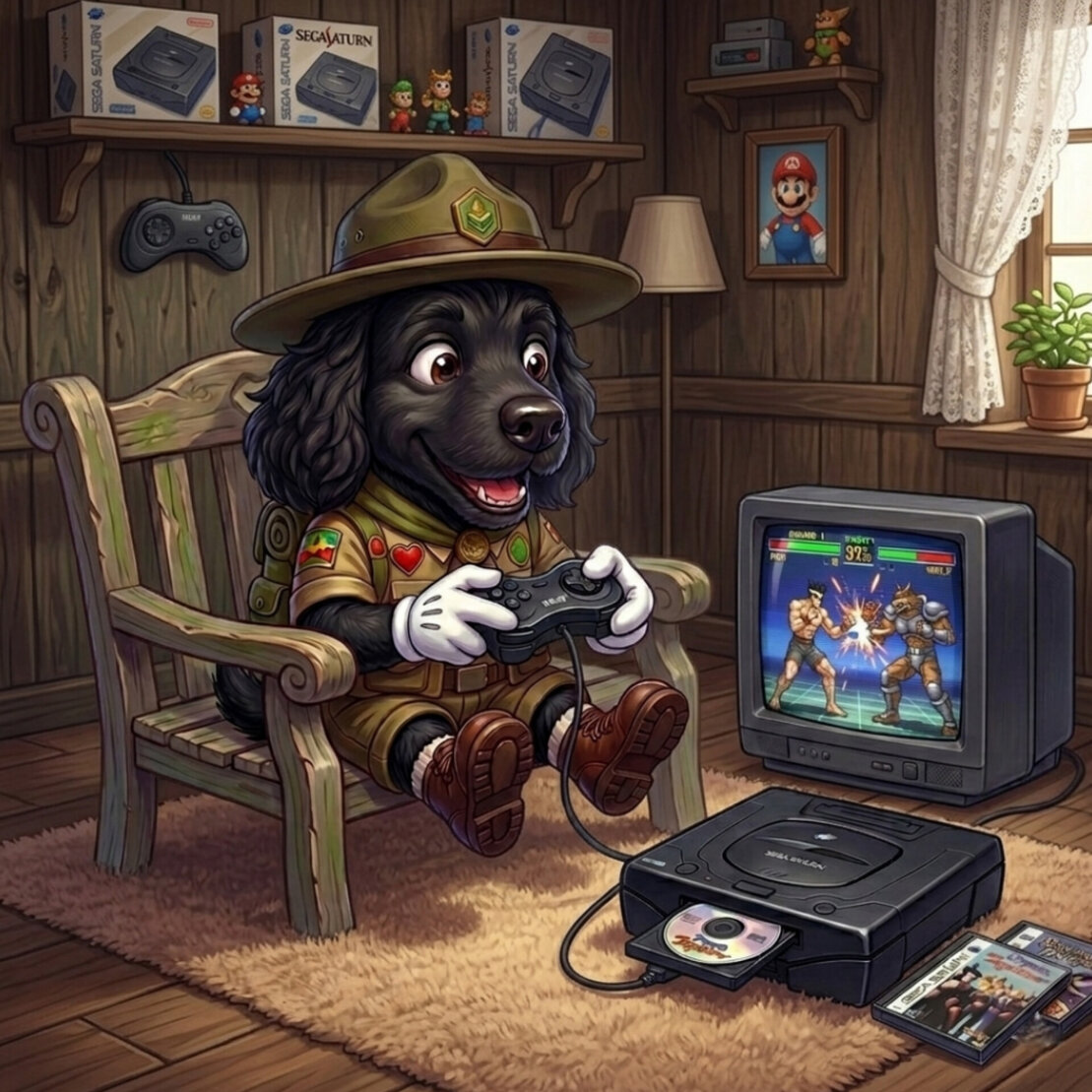 Consola Sega Saturn conectada junto a varios juegos en caja